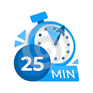 25 minutes timer. Stopwatch icon 25 min. Clock and watch limited cooking time. Vector illustration.