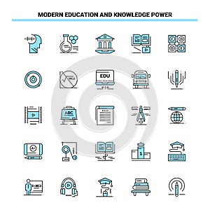 25 Modern Education And Knowledge Power Black and Blue icon Set. Creative Icon Design and logo template