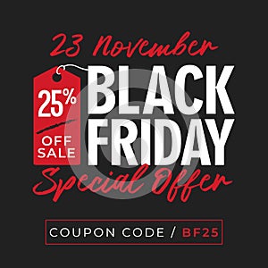 25% off sale black friday special offer banner background with price tag symbol. online shop flyer promotion template design. vect