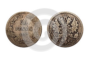 25 Pennia 1897 with crown on white background. Coin of Finland. Obverse