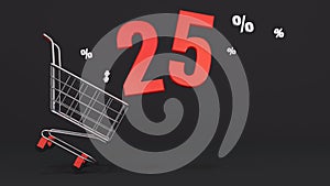 25 percent discount flying out of a shopping cart on a black background. Concept of discounts, black friday, online sales. 3d