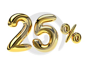 25 percent discount. Gold glossy balloon in the shape of a numbe