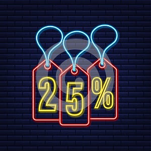 25 percent OFF Sale Discount neon tag. Discount offer price tag. 25 percent discount promotion flat icon with long