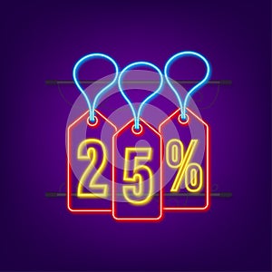 25 percent OFF Sale Discount neon tag. Discount offer price tag. 25 percent discount promotion flat icon with long