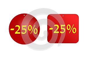 25 percent from red stickers on a white background. discounts and sales, holidays and education