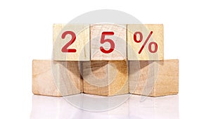 25 percent text on wooden cubes on a white background