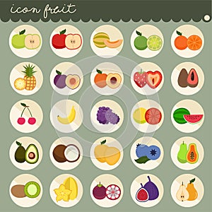 25 set Basic Flat design, colors of fruits vector collections, Set of fruits are apple, banana, orange, grapes, cherries, strawber