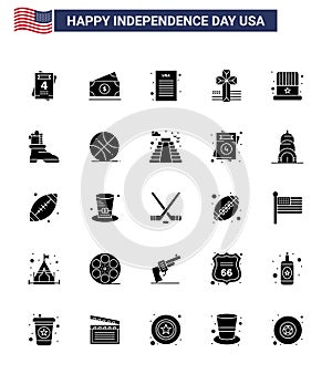 25 Solid Glyph Signs for USA Independence Day shose; hat; declaration of independence; cap; church