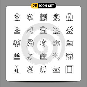 25 Thematic Vector Lines and Editable Symbols of finance, network, hording, link, globe