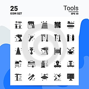 25 Tools Icon Set. 100% Editable EPS 10 Files. Business Logo Concept Ideas Solid Glyph icon design