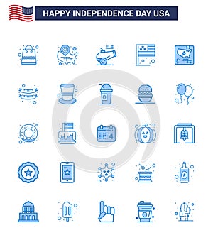 25 USA Blue Pack of Independence Day Signs and Symbols of american; flag; location pin; country; mortar
