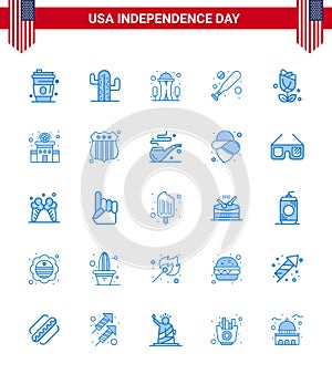 25 USA Blue Pack of Independence Day Signs and Symbols of usa; flower; building; hardball; baseball