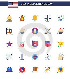 25 USA Flat Signs Independence Day Celebration Symbols of buntings; scale; cash; law; court