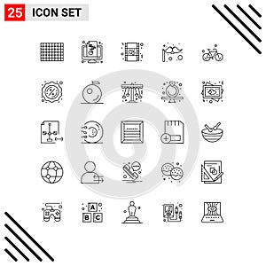 25 User Interface Line Pack of modern Signs and Symbols of cycle, bicycle, film, moustache, carnival