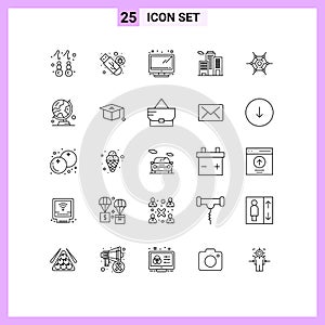 25 User Interface Line Pack of modern Signs and Symbols of technology, decentralized, virus, office, building