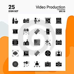 25 Video Production Icon Set. 100% Editable EPS 10 Files. Business Logo Concept Ideas Solid Glyph icon design