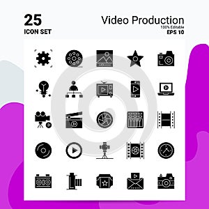 25 Video Production Icon Set. 100% Editable EPS 10 Files. Business Logo Concept Ideas Solid Glyph icon design