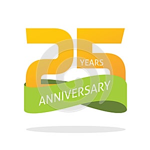 25 years anniversary celebrating vector logo icon in yellow orange green color, number 25th year birthday label tag sign