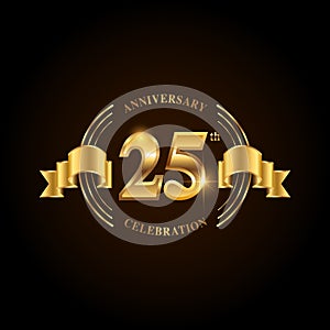 25 years anniversary celebration logotype. Golden anniversary emblem with ribbon. Design for booklet, leaflet, magazine, brochure