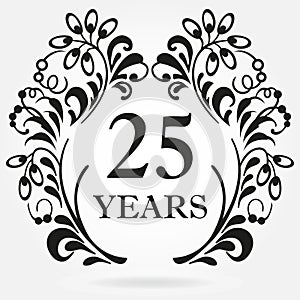 25 years anniversary icon in ornate frame with floral elements. Template for celebration and congratulation design.