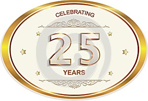 25 years anniversary in an oval gold frame with a pattern. Vector illustration