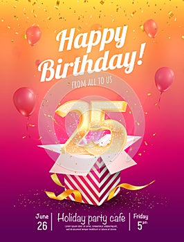 25 years anniversary vector banner template. Twenty-five years jubilee with balloons and confetti on a bright background