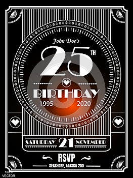 25 years birthday Vintage art deco luxury party invitation design template with geometric ornament on a black background.