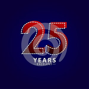 25 Years Excellent Anniversary Celebration Red Dash Line Vector Template Design Illustration