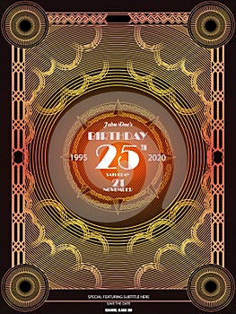 25 years vintage luxury art deco party invitation design template with gold geometric ornament on a red and black background.