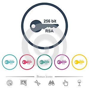 256 bit rsa encryption flat color icons in round outlines