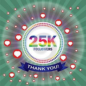 25k followers thank you card with hearts and ribbon