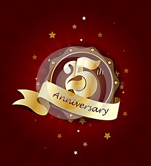 25th Anniversary Badge with Red Ribbon on Abstract Background