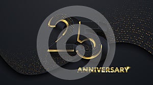 25th Anniversary celebration. Golden number 25 on black paper cut background with golden glitters.  Vector festive illustration.