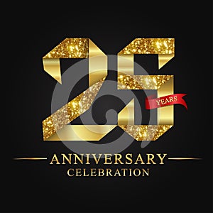 25th anniversary years celebration logotype. Logo ribbon gold number and red ribbon on black background.