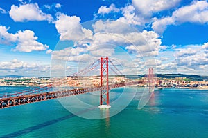 The 25th April Bridge Ponte 25 de Abril between Lisbon and Almada, Portugal. One of the longest suspension bridges in Europe