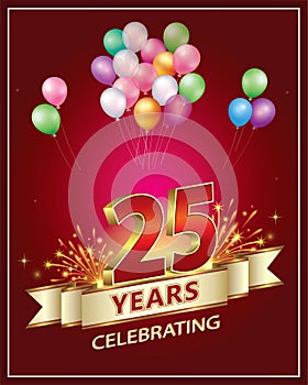 25th years anniversary celebrating. Golden numbers with fireworks on red background with ribbon and balloons.