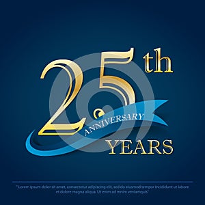 25th years anniversary celebration emblem. anniversary elegance golden logo with blue ribbon on dark blue background, vector