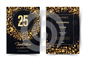 25th years birthday vector black paper luxury invitation double card. Twenty five years wedding anniversary celebration