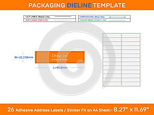 26 Adhesive Address Labels Dieline Template 99.8 x 22.238mm