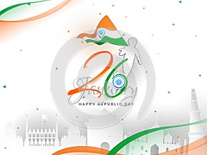 26 January Republic Day celebration banner or poster design, boy holding National flag and famous Indian monuments illustration in