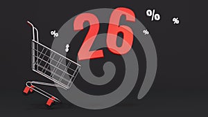 26 percent discount flying out of a shopping cart on a black background. Concept of discounts, black friday, online sales. 3d