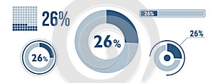 26% percentage infographic set. Twenty-six circle diagram, pie donut chart, progress bar. 26 percent loading data icon. Vector