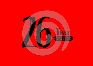 26 Years Anniversary Celebration logo on red background, 26 number logo design, 26th Birthday Logo, logotype Anniversary, Vector