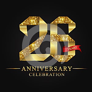 26th anniversary years celebration logotype. Logo ribbon gold number and red ribbon on black background.