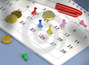 26th circled calendar with blue pin and gold coins and red pen.