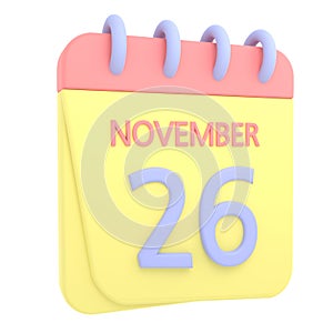 26th November 3D calendar icon