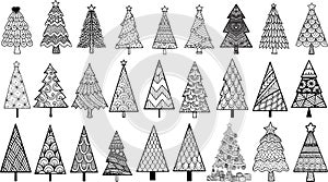 27 Christmas trees for coloring, engraving, t shirt design, laser cut and so on. Vector illustration