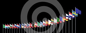 27 waving flags of countries of European Union EU. Black background. 3D illustration