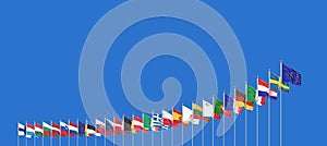 27 waving flags of countries of European Union EU. Blue sky background. 3D illustration