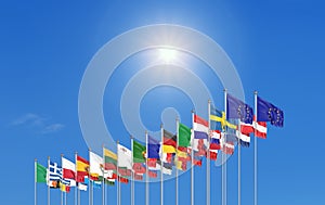 27 waving flags of countries of European Union EU. Blue sky background. 3D illustration